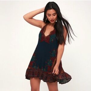 Free People Steal the Sun Teal Blue Print Tunic Dress Boho
